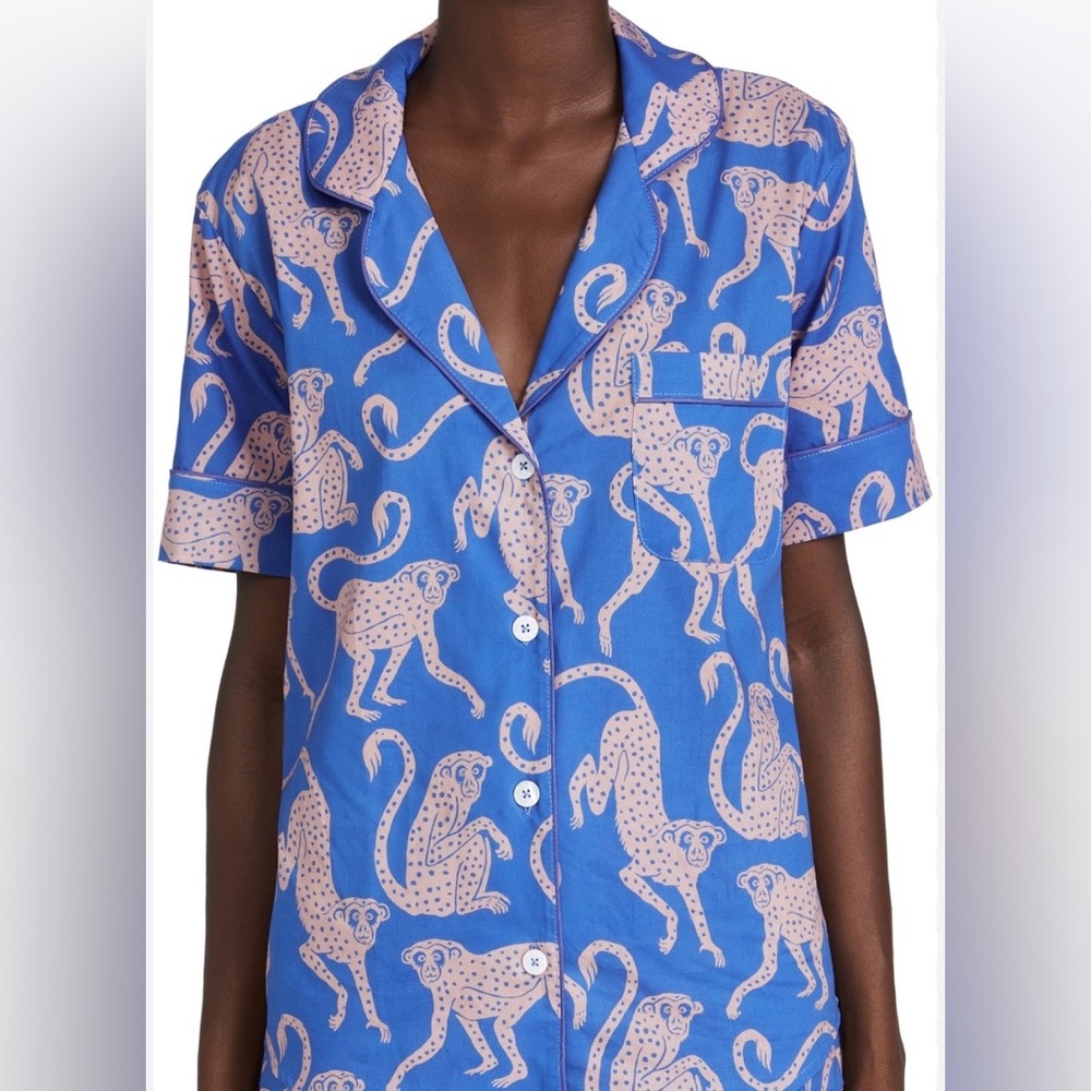 Desmond & Dempsey Pajama Top Shirt Size M Tropical Monkey Short Sleeve Button Up